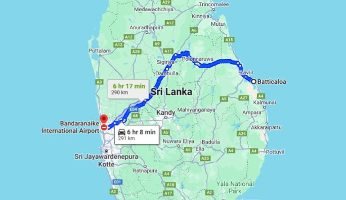 Batticaloa City to Colombo (CMB) lennujaam Private Transfer