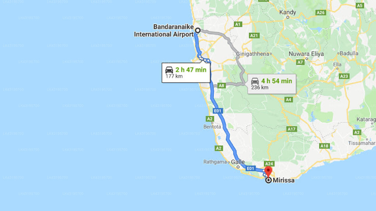 Transfer between Colombo Airport (CMB) and Coral Beach Hotel, Mirissa