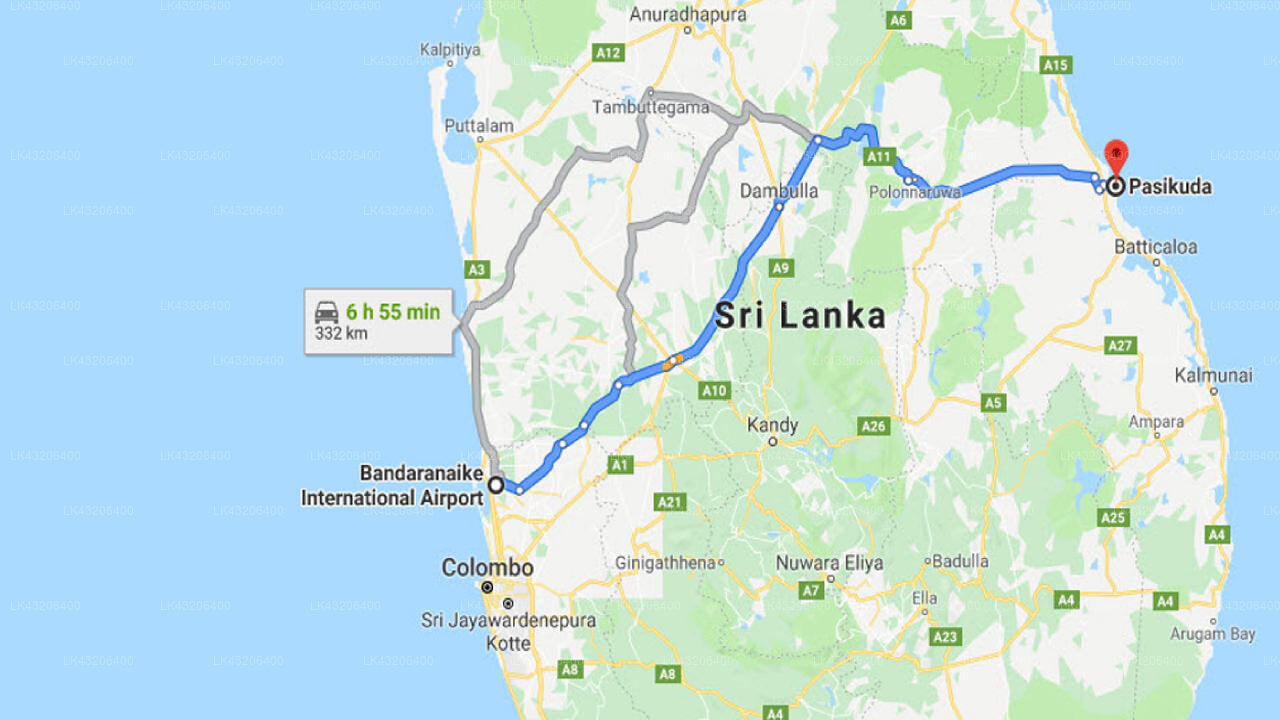 Transfer between Colombo Airport (CMB) and The Calm Resort and Spa, pasikuda