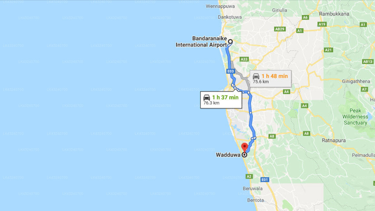 Transfer between Colombo Airport (CMB) and Serendiva Beach, Wadduwa